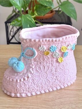 Vintage 50s 60s Napco Japan Pink Lace Baby Bootie Ceramic Planter